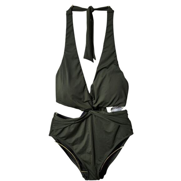 NEW Lauren‎ Ralph Lauren Twist-Front Cutout Halter One-Piece Olive Green Size 10 - Picture 2 of 9